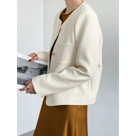 Original Creation Long Sleeves Loose Buttoned Solid Color Round-Neck Outerwear Original Creation Long Sleeves Loose Buttoned Solid Color Round-Neck Outerwear