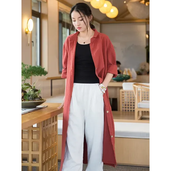 Artistic Retro Loose Simple Casual Solid Color Ramie Trench Coat Artistic Retro Loose Simple Casual Solid Color Ramie Trench Coat