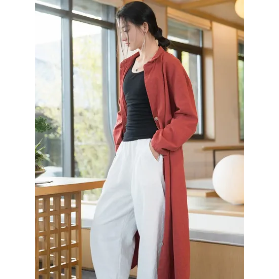 Artistic Retro Loose Simple Casual Solid Color Ramie Trench Coat Artistic Retro Loose Simple Casual Solid Color Ramie Trench Coat