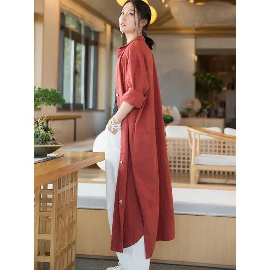 Artistic Retro Loose Simple Casual Solid Color Ramie Trench Coat Artistic Retro Loose Simple Casual Solid Color Ramie Trench Coat