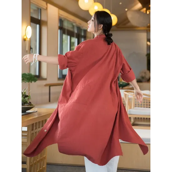 Artistic Retro Loose Simple Casual Solid Color Ramie Trench Coat Artistic Retro Loose Simple Casual Solid Color Ramie Trench Coat