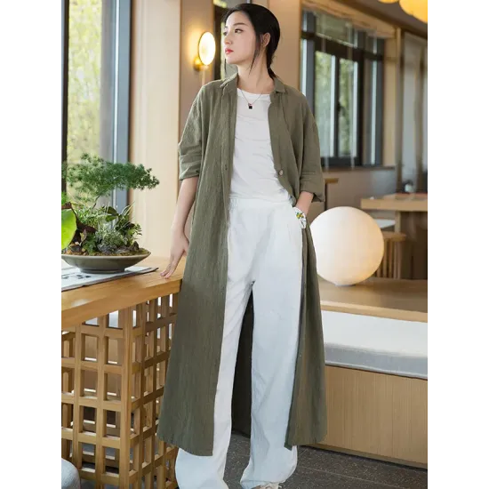 Artistic Retro Loose Simple Casual Solid Color Ramie Trench Coat Artistic Retro Loose Simple Casual Solid Color Ramie Trench Coat