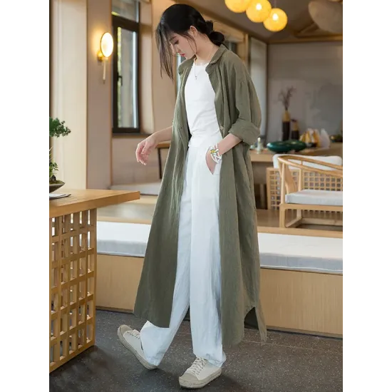 Artistic Retro Loose Simple Casual Solid Color Ramie Trench Coat Artistic Retro Loose Simple Casual Solid Color Ramie Trench Coat