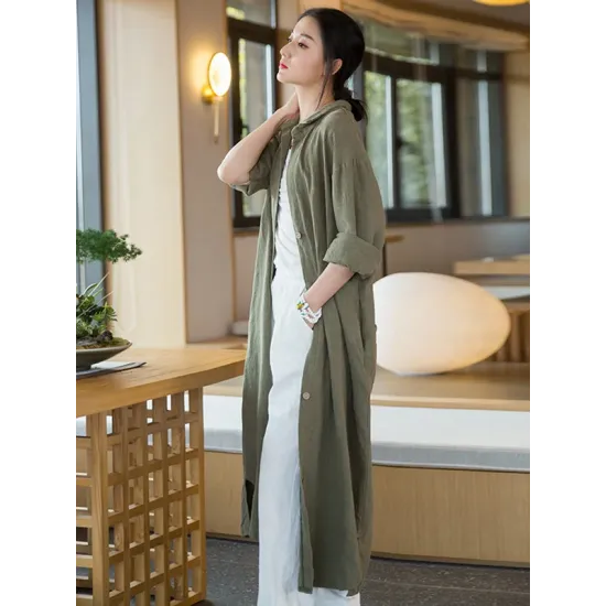 Artistic Retro Loose Simple Casual Solid Color Ramie Trench Coat Artistic Retro Loose Simple Casual Solid Color Ramie Trench Coat