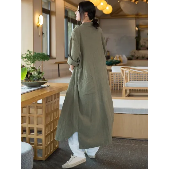 Artistic Retro Loose Simple Casual Solid Color Ramie Trench Coat Artistic Retro Loose Simple Casual Solid Color Ramie Trench Coat