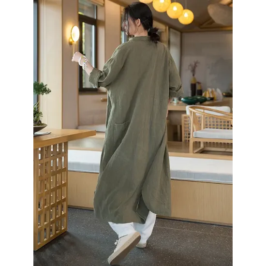 Artistic Retro Loose Simple Casual Solid Color Ramie Trench Coat Artistic Retro Loose Simple Casual Solid Color Ramie Trench Coat