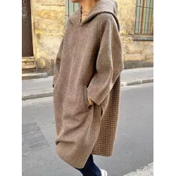 Loose Split-Side Plaid Splicing Hood Outwear