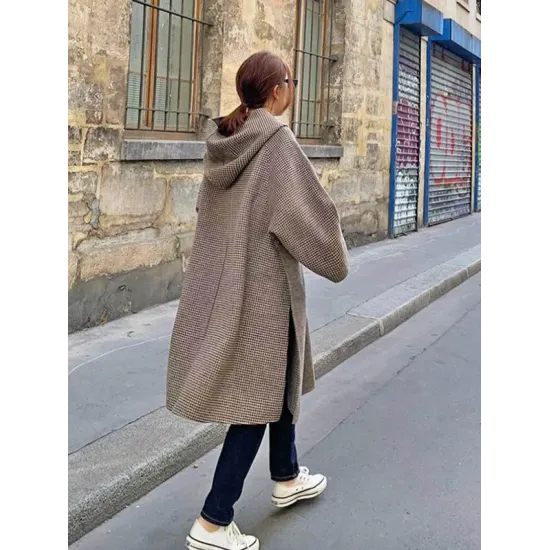 Loose Split-Side Plaid Splicing Hood Outwear Loose Split-Side Plaid Splicing Hood Outwear