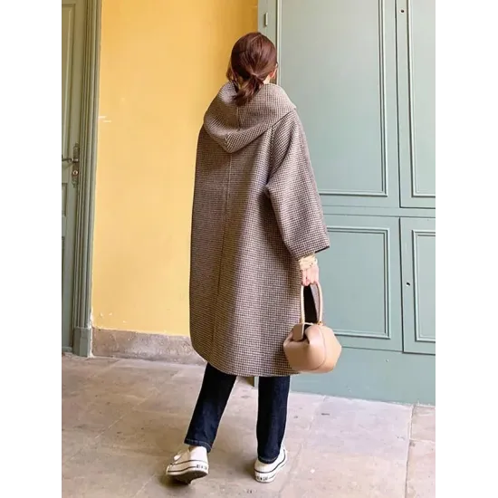 Loose Split-Side Plaid Splicing Hood Outwear Loose Split-Side Plaid Splicing Hood Outwear