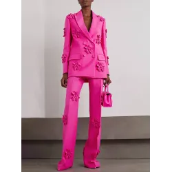 Flower-Embellished Solid Color Long Sleeves Lapel Outerwear Blazer