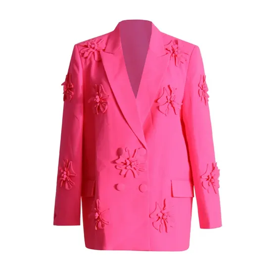 Flower-Embellished Solid Color Long Sleeves Lapel Outerwear Blazer Flower-Embellished Solid Color Long Sleeves Lapel Outerwear Blazer
