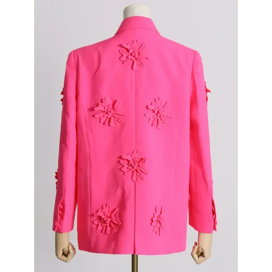 Flower-Embellished Solid Color Long Sleeves Lapel Outerwear Blazer Flower-Embellished Solid Color Long Sleeves Lapel Outerwear Blazer