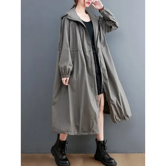 Casual Loose Solid Color Zipper Drawstring Long Sleeves Hooded Trench Coat Casual Loose Solid Color Zipper Drawstring Long Sleeves Hooded Trench Coat