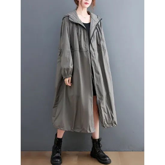 Casual Loose Solid Color Zipper Drawstring Long Sleeves Hooded Trench Coat Casual Loose Solid Color Zipper Drawstring Long Sleeves Hooded Trench Coat