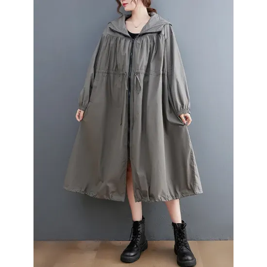 Casual Loose Solid Color Zipper Drawstring Long Sleeves Hooded Trench Coat Casual Loose Solid Color Zipper Drawstring Long Sleeves Hooded Trench Coat