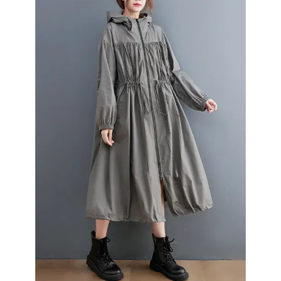 Casual Loose Solid Color Zipper Drawstring Long Sleeves Hooded Trench Coat Casual Loose Solid Color Zipper Drawstring Long Sleeves Hooded Trench Coat