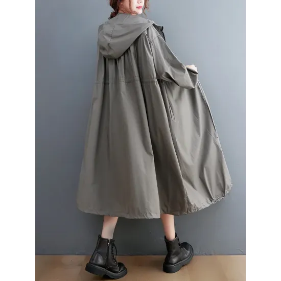 Casual Loose Solid Color Zipper Drawstring Long Sleeves Hooded Trench Coat Casual Loose Solid Color Zipper Drawstring Long Sleeves Hooded Trench Coat