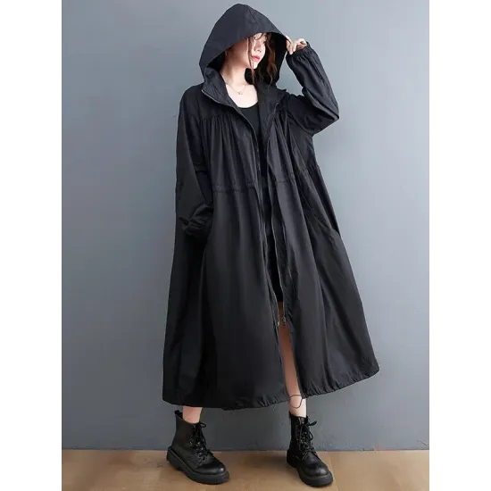 Casual Loose Solid Color Zipper Drawstring Long Sleeves Hooded Trench Coat Casual Loose Solid Color Zipper Drawstring Long Sleeves Hooded Trench Coat
