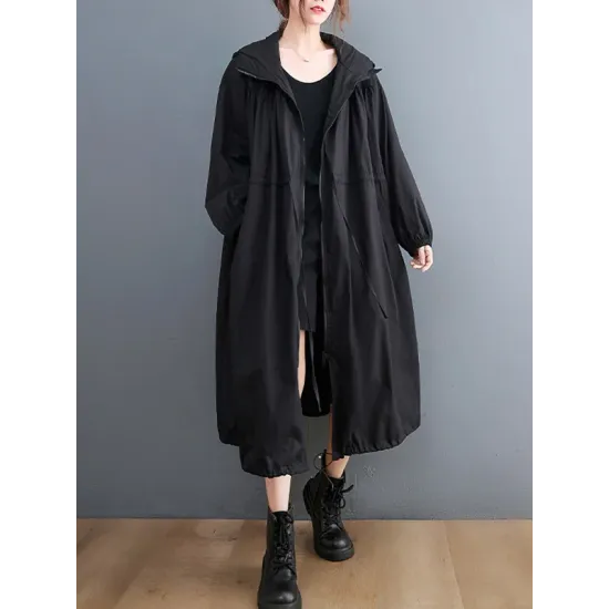 Casual Loose Solid Color Zipper Drawstring Long Sleeves Hooded Trench Coat Casual Loose Solid Color Zipper Drawstring Long Sleeves Hooded Trench Coat