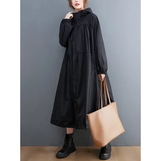 Casual Loose Solid Color Zipper Drawstring Long Sleeves Hooded Trench Coat Casual Loose Solid Color Zipper Drawstring Long Sleeves Hooded Trench Coat