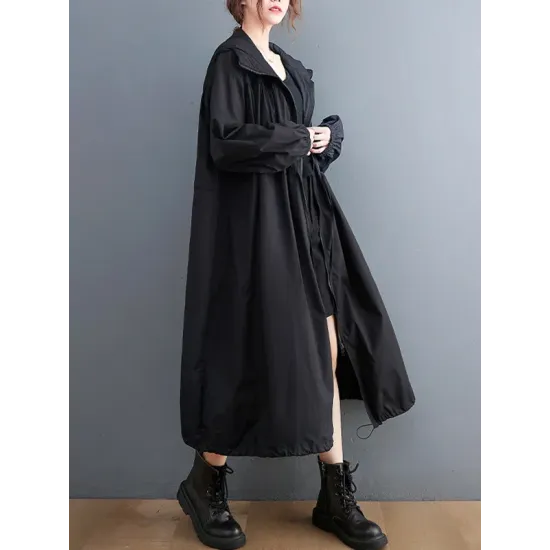 Casual Loose Solid Color Zipper Drawstring Long Sleeves Hooded Trench Coat Casual Loose Solid Color Zipper Drawstring Long Sleeves Hooded Trench Coat