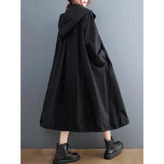 Casual Loose Solid Color Zipper Drawstring Long Sleeves Hooded Trench Coat Casual Loose Solid Color Zipper Drawstring Long Sleeves Hooded Trench Coat