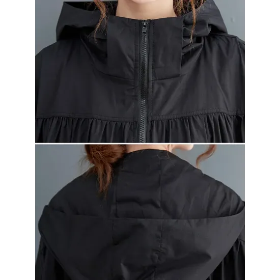 Casual Loose Solid Color Zipper Drawstring Long Sleeves Hooded Trench Coat Casual Loose Solid Color Zipper Drawstring Long Sleeves Hooded Trench Coat