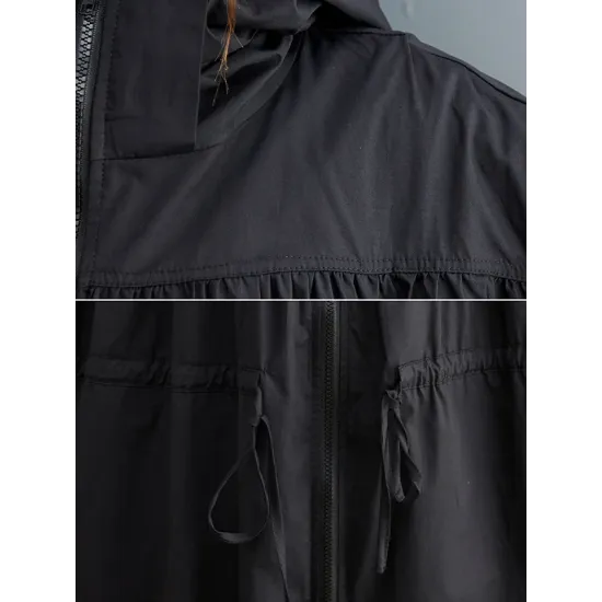 Casual Loose Solid Color Zipper Drawstring Long Sleeves Hooded Trench Coat Casual Loose Solid Color Zipper Drawstring Long Sleeves Hooded Trench Coat