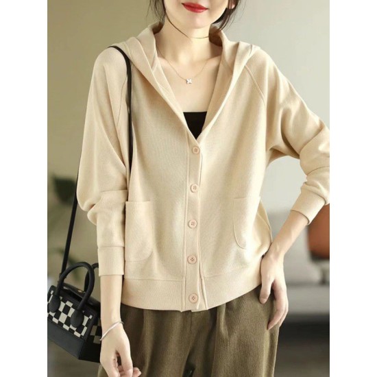 Casual Long Sleeves Loose Buttoned Solid Color Hooded Knitting Outerwear Casual Long Sleeves Loose Buttoned Solid Color Hooded Knitting Outerwear