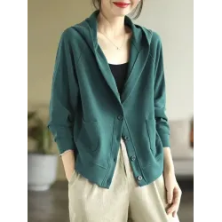Casual Long Sleeves Loose Buttoned Solid Color Hooded Knitting Outerwear