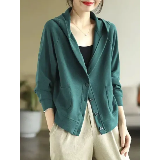 Casual Long Sleeves Loose Buttoned Solid Color Hooded Knitting Outerwear Casual Long Sleeves Loose Buttoned Solid Color Hooded Knitting Outerwear