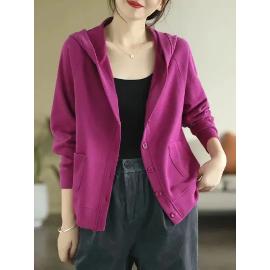 Casual Long Sleeves Loose Buttoned Solid Color Hooded Knitting Outerwear Casual Long Sleeves Loose Buttoned Solid Color Hooded Knitting Outerwear