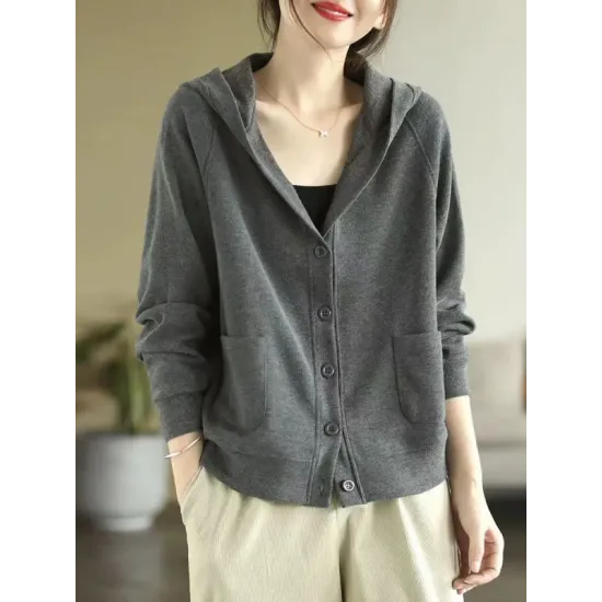 Casual Long Sleeves Loose Buttoned Solid Color Hooded Knitting Outerwear Casual Long Sleeves Loose Buttoned Solid Color Hooded Knitting Outerwear