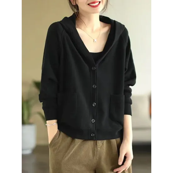 Casual Long Sleeves Loose Buttoned Solid Color Hooded Knitting Outerwear Casual Long Sleeves Loose Buttoned Solid Color Hooded Knitting Outerwear