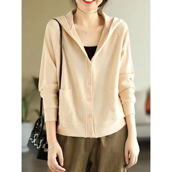 Casual Long Sleeves Loose Buttoned Solid Color Hooded Knitting Outerwear Casual Long Sleeves Loose Buttoned Solid Color Hooded Knitting Outerwear