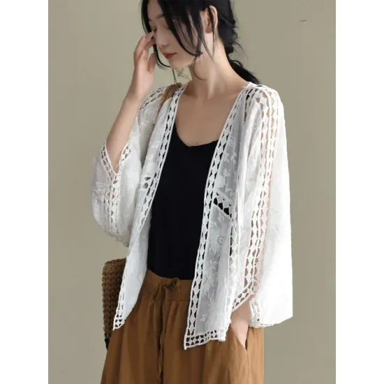 Seven-Quarter Sleeves Crochet Hollow Solid Color Outerwear Seven-Quarter Sleeves Crochet Hollow Solid Color Outerwear