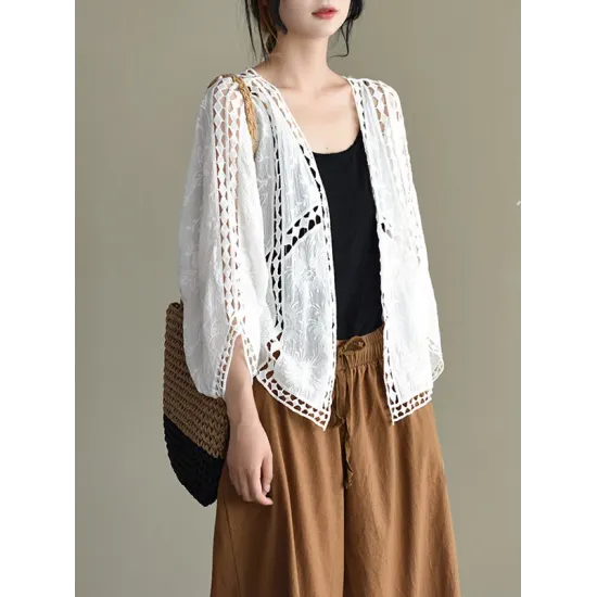 Seven-Quarter Sleeves Crochet Hollow Solid Color Outerwear Seven-Quarter Sleeves Crochet Hollow Solid Color Outerwear