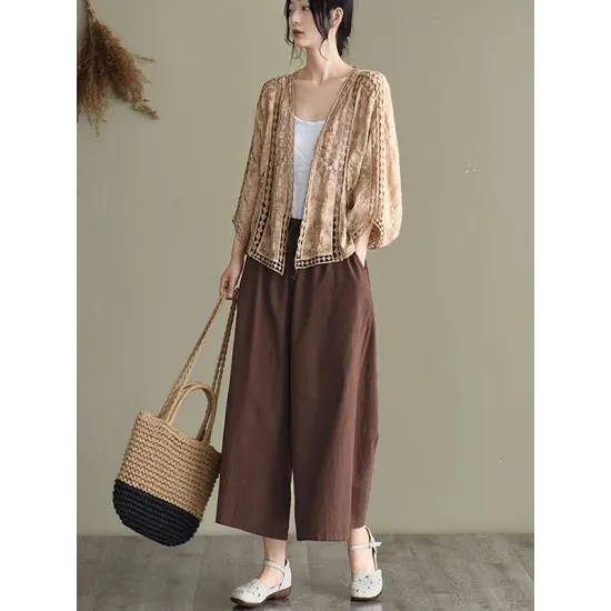 Seven-Quarter Sleeves Crochet Hollow Solid Color Outerwear Seven-Quarter Sleeves Crochet Hollow Solid Color Outerwear