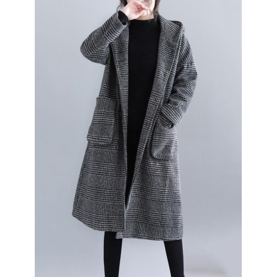 Loose Plaid Woolen Hood Coat Loose Plaid Woolen Hood Coat