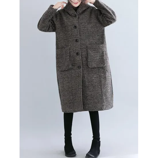 Loose Plaid Woolen Hood Coat Loose Plaid Woolen Hood Coat