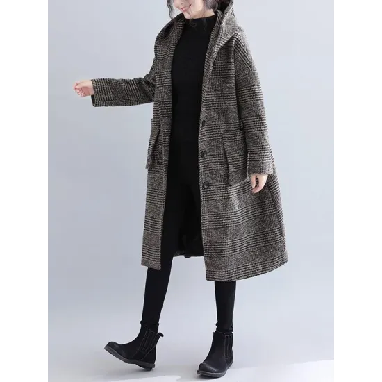 Loose Plaid Woolen Hood Coat Loose Plaid Woolen Hood Coat