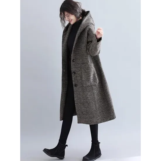 Loose Plaid Woolen Hood Coat Loose Plaid Woolen Hood Coat