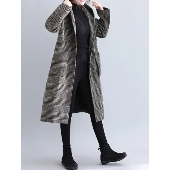 Loose Plaid Woolen Hood Coat Loose Plaid Woolen Hood Coat