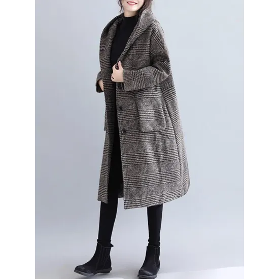 Loose Plaid Woolen Hood Coat Loose Plaid Woolen Hood Coat