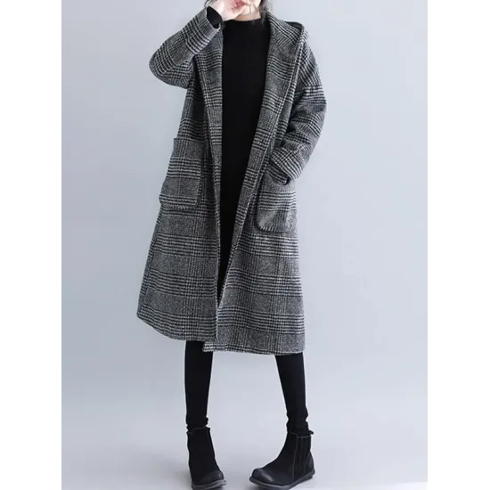 Loose Plaid Woolen Hood Coat Loose Plaid Woolen Hood Coat