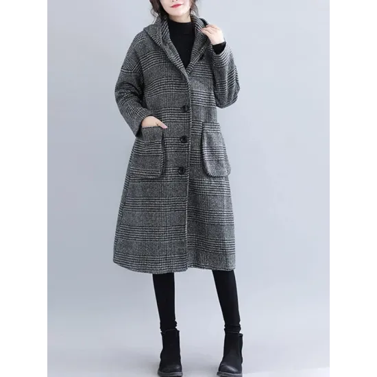 Loose Plaid Woolen Hood Coat Loose Plaid Woolen Hood Coat