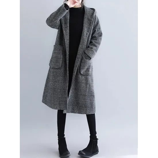 Loose Plaid Woolen Hood Coat Loose Plaid Woolen Hood Coat