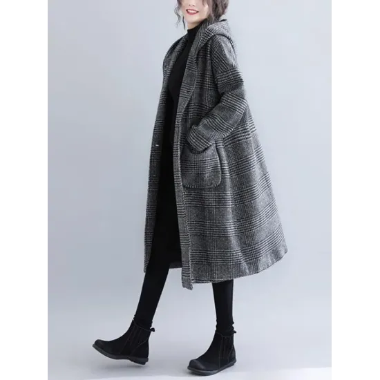 Loose Plaid Woolen Hood Coat Loose Plaid Woolen Hood Coat