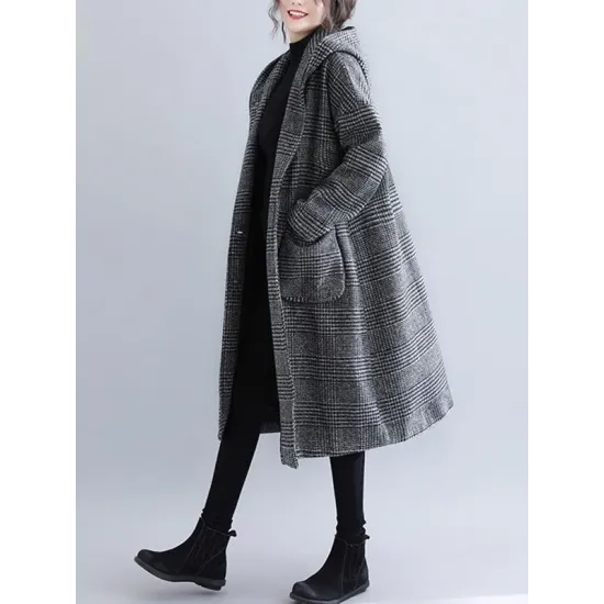 Loose Plaid Woolen Hood Coat Loose Plaid Woolen Hood Coat