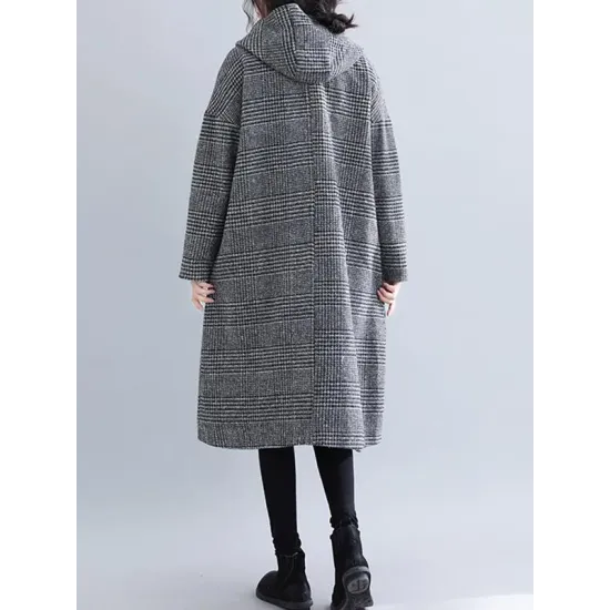 Loose Plaid Woolen Hood Coat Loose Plaid Woolen Hood Coat